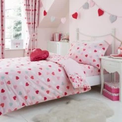 Dunelm Loveable Hearts Duvet Cover and Pillowcase Set Reversible, Duvet Cover Sets, Pink -Eve Home And Furniture Shop 1000063867 alt01