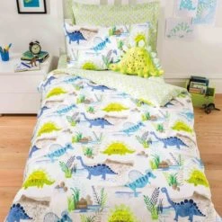 Dunelm Roar! Dinosaur Reversible Green Duvet Cover and Pillowcase Set Polycotton, Animals, Duvet Cover Sets -Eve Home And Furniture Shop 1000085316 alt02