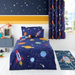 Dunelm Space Glow in the Dark Duvet Cover and Pillowcase Set Duvet Cover Sets, Navy (Blue), Patterned -Eve Home And Furniture Shop 1000109491 alt01