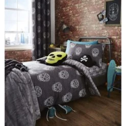 Catherine Lansfield Skulls Grey Single Duvet Cover and Pillowcase Set Polycotton, Patterned, Reversible -Eve Home And Furniture Shop 1000115240 alt01