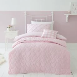 Dunelm Pintuck Pink Polka Dot 100% Cotton Duvet Cover and Pillowcase Set Duvet Cover Sets, Reversible, Printed -Eve Home And Furniture Shop 1000167408 alt01