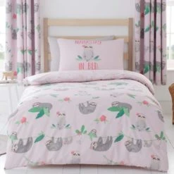 Dunelm Pink Pretty Sloth Duvet Cover and Pillowcase Set Reversible, Printed, Polycotton -Eve Home And Furniture Shop 1000167412 alt01