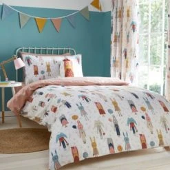 Dunelm Fashion Bunnies Pink 100% Cotton Reversible Duvet Cover and Pillowcase Set Printed, Animals, Duvet Cover Sets -Eve Home And Furniture Shop 1000186783 alt01
