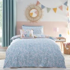 Dunelm Naive Floral Blue 100% Cotton Reversible Duvet Cover and Pillowcase Set Printed, Duvet Cover Sets -Eve Home And Furniture Shop 1000186786 alt01