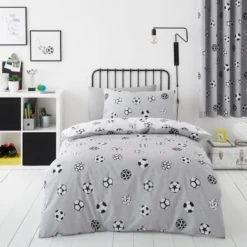 Dunelm Football Grey and White Reversible Duvet Cover and Pillowcase Set Polycotton, Patterned, Duvet Cover Sets -Eve Home And Furniture Shop 1000186816 alt02