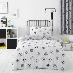 Dunelm Football Grey and White Reversible Duvet Cover and Pillowcase Set Polycotton, Patterned, Duvet Cover Sets -Eve Home And Furniture Shop 1000186816 alt03