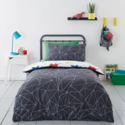 Dunelm Origami Dino 100% Cotton Reversible Duvet Cover and Pillowcase Set Patterned, Dinosaur, Duvet Cover Sets -Eve Home And Furniture Shop 1000186823 alt01
