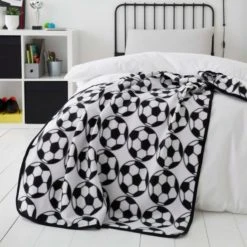Dunelm Football Black and White Fleece Patterned, Blankets & Throws, Polyester