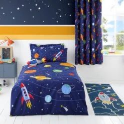 Dunelm Space Glow in the Dark Duvet Cover and Pillowcase Set Duvet Cover Sets, Navy (Blue), Patterned