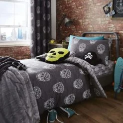 Catherine Lansfield Skulls Grey Single Duvet Cover and Pillowcase Set Polycotton, Patterned, Reversible