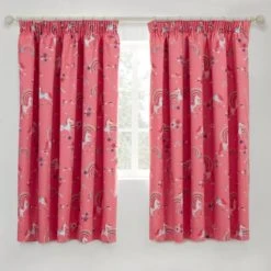 Dunelm Unicorn Blackout Pencil Pleat Kids Curtains Pencil Pleat Curtains, Pink, Polycotton
