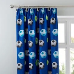 Catherine Lansfield Blue Football Pencil Pleat Curtains Fabric, Plain