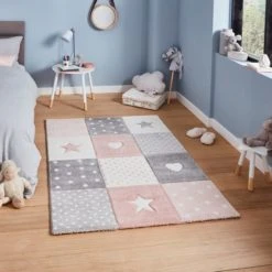 Dunelm Pink Stars, Hearts and Polka Dot Rug Rugs, Polyester, Patterned