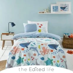 The Edited Life Protect our Seas Blue 100% Organic Cotton Duvet Cover and Pillowcase Set Boho, Patterned, Light Blue