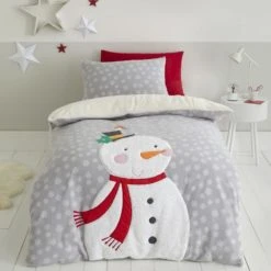 Catherine Lansfield Grey Cosy Snowman Duvet Cover and Pillowcase Set Christmas, Reversible, Duvet Cover Sets