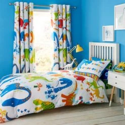 Catherine Lansfield Dino-Saw Easy Care Single Duvet Cover and Pillowcase Set Polycotton, Reversible, Duvet Cover Sets