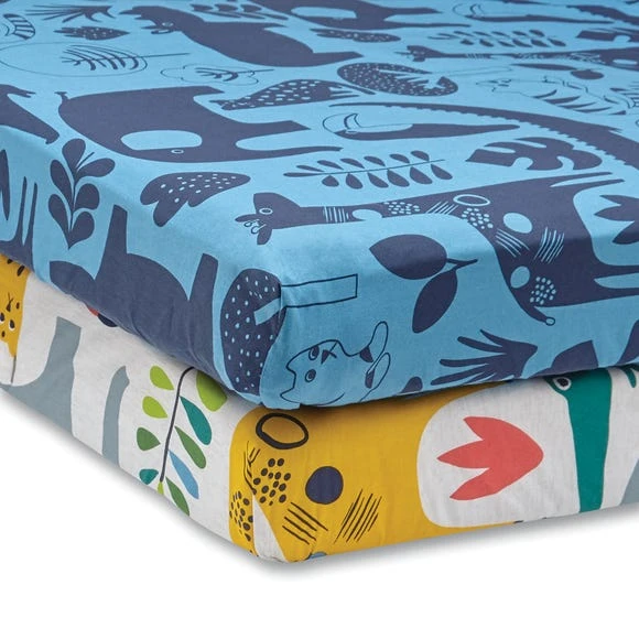 Elements Jungle Pack of 2 100% Cotton Fitted Sheets 14cm, Patterned, MultiColoured 1 Elements Jungle Pack of 2 100% Cotton Fitted Sheets 14cm, Patterned, MultiColoured