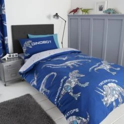 Catherine Lansfield Blue Dinobot Duvet Cover and Pillowcase Set Light Blue, Dinosaur, Patterned
