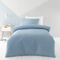 Dunelm Denim Geo Pinsonic Quilted Duvet Cover and Pillowcase Set Geometric, Duvet Cover Sets, Polyester