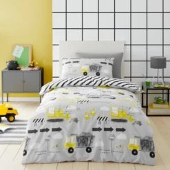 Dunelm Construction Grey 100% Cotton Reversible Duvet Cover and Pillowcase Set Duvet Cover Sets, Patterned, Light Grey