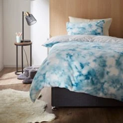 Dunelm Blue Tie Dye Ombre Faux Fur Duvet Cover and Pillowcase Set Reversible, Polyester, Patterned