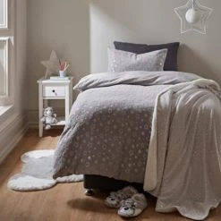 Dunelm Grey Foil Stars Fleece Duvet Cover and Pillowcase Set Polyester, Super Soft Teddy, Duvet Cover Sets