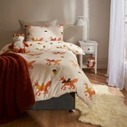 Dunelm Fox 100% Brushed Cotton Reversible Duvet Cover and Pillowcase Set Animals, Printed, Duvet Cover Sets
