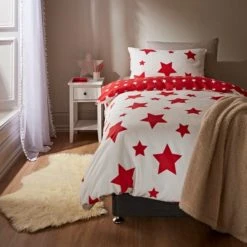 Dunelm Red Stars 100% Brushed Cotton Reversible Duvet Cover and Pillowcase Set Duvet Cover Sets, Printed, White