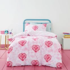Dunelm Tie Dye Hearts Duvet Cover and Pillowcase Set Duvet Cover Sets, Pink, Kids