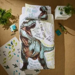 Natural History Museum All About T-Rex 100% Cotton Duvet Cover and Pillowcase Set Kids, Reversible, Green