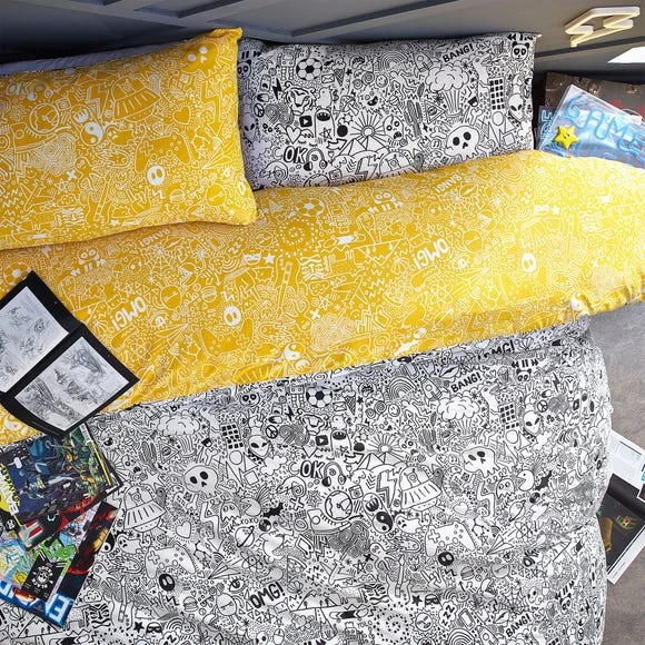 Style Lab Doodles Duvet Cover and Pillowcase Set Duvet Cover Sets, Black and white, Reversible 3 Style Lab Doodles Duvet Cover and Pillowcase Set Duvet Cover Sets, Black and white, Reversible - Image 3