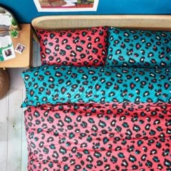 Style Lab Leopard Teal and Coral Duvet Cover and Pillowcase Set Duvet Cover Sets, Reversible, Teal (Green) -Eve Home And Furniture Shop 30749071 alt02